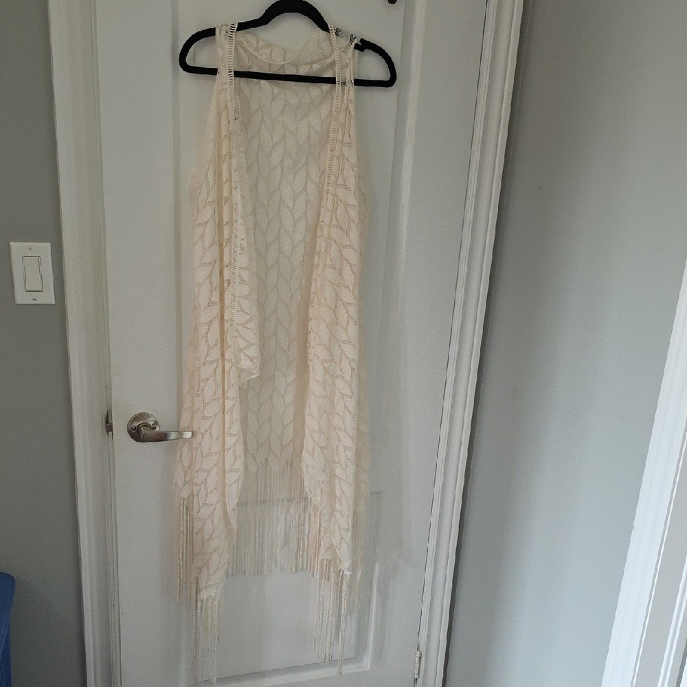 Cream Fringe Sleeveless Duster